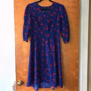 Ann Taylor Factory Petite Royal‎ Blue Red Floral Midi Dress Womens 0P NWOT